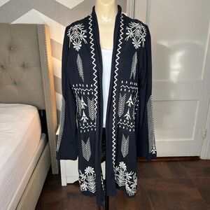 Johnny Was Boho Embroidered Longline Cover-up / Cardigan, Black, Cream